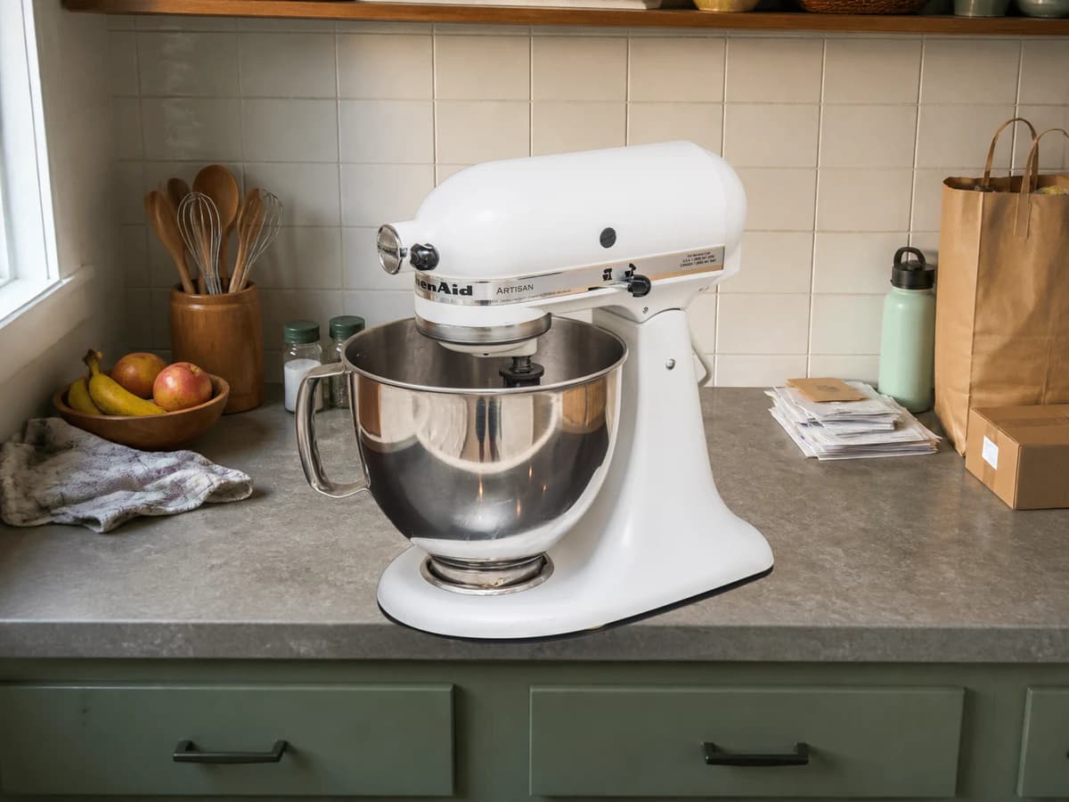 White KitchenAid Artisan stand mixer on a cluttered counter, positioned for a ReShrink scan